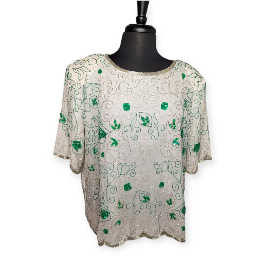 Vintage Candlelight by Jainson's International White Silk Beaded Top Size 1X